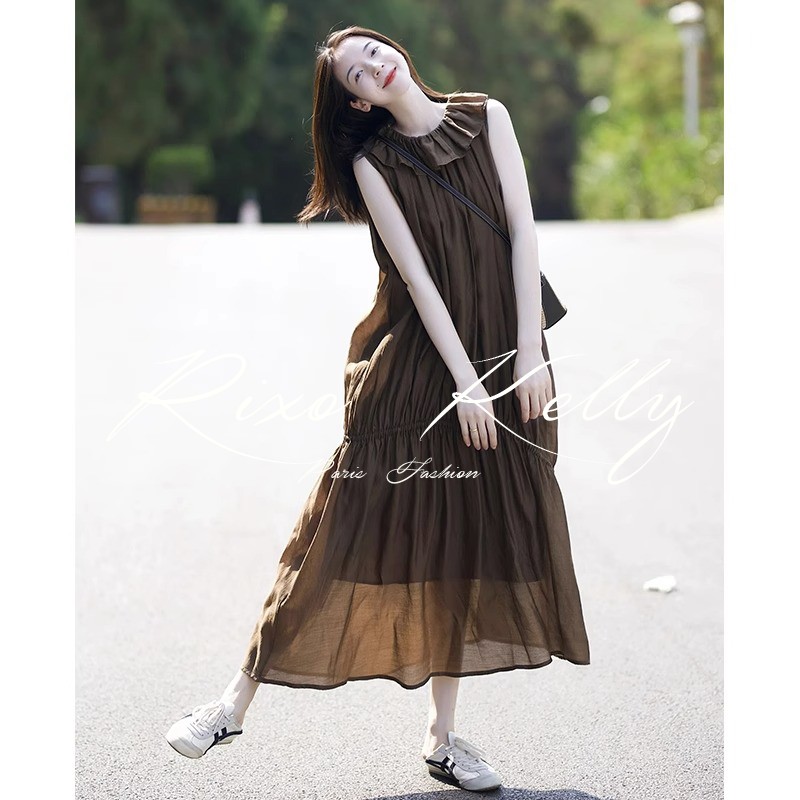 Rixo Street French Summer New Folding Poch Pack, Deep Coffee Color Temperature Temperament Sleeveless Vest Skirt Female