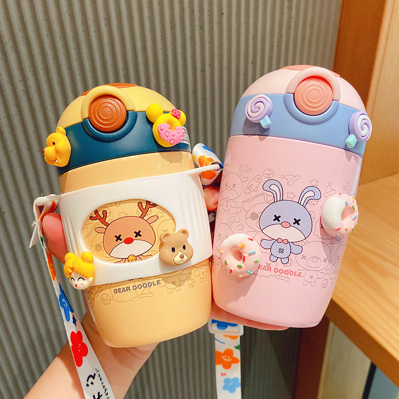 (Recommended by Kasaki) Water cup female with straw thermos cup high-value 304 stainless steel portable cute cartoon