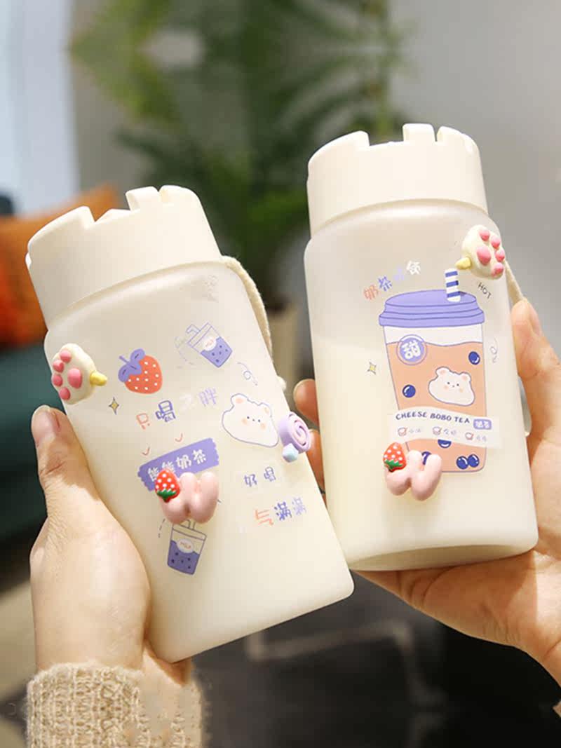 Cartoon cute student water cup new portable anti-fall plastic cup net red Korean girl heart cup