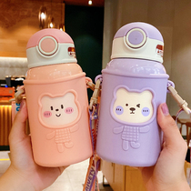 High value cartoon pattern thermos cup with straw 316 stainless steel cup portable children anti-drop water Cup