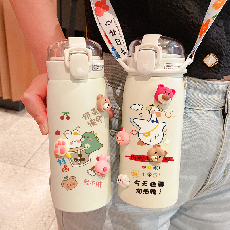 With straw insulation cup female 304 stainless steel in children cup students travel cute cartoon small fresh cup