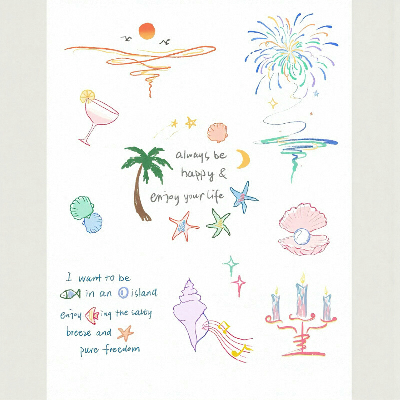Utaki 【Sunset Party】Original Design Sunset Fireworks Shell Conch Element Music Festival Tattoo Stickers