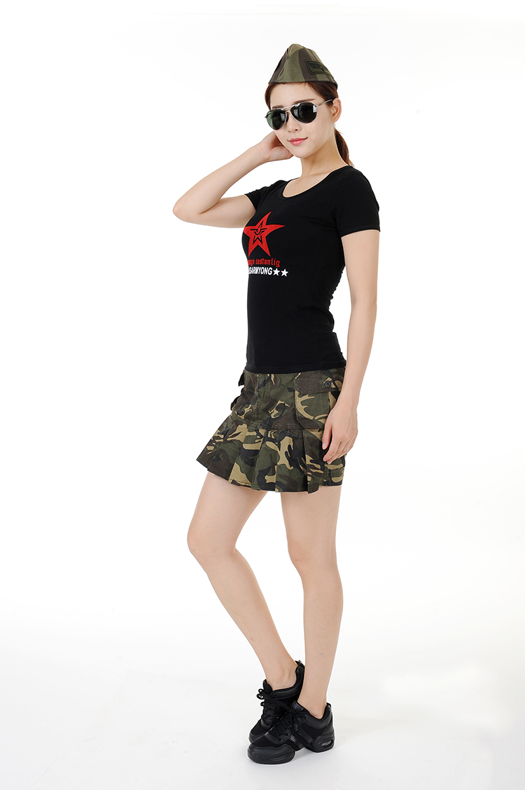 Mùa hè ngoài trời người hâm mộ quân đội mặc giản dị nữ cotton đen Slim thủy thủ khiêu vũ trang phục cổ tròn đồng phục áo thun ngắn tay - Những người đam mê quân sự hàng may mặc / sản phẩm quạt quân đội bán quân phục bộ đội