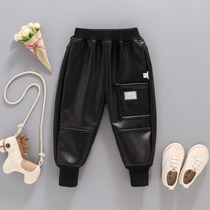 Male and female child leather pants integrated suede warm PU leather children 100 lap casual pants autumn winter trend plus suede thickened pants