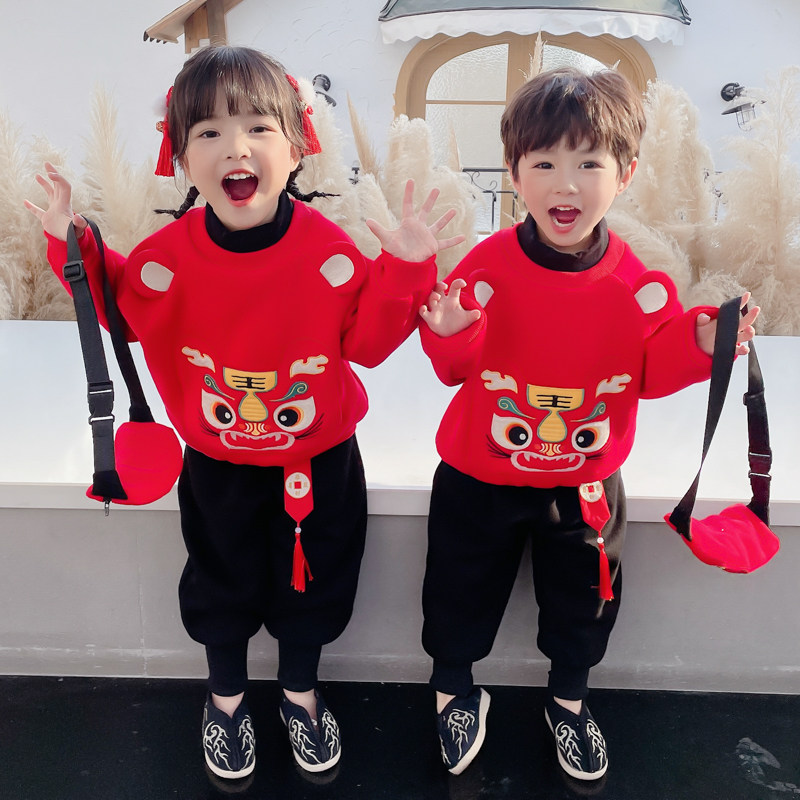 Children's festive New Year's Day performance clothes plus velvet sweater suit baby red performance clothes chorus New Year's clothing sister and brother clothes