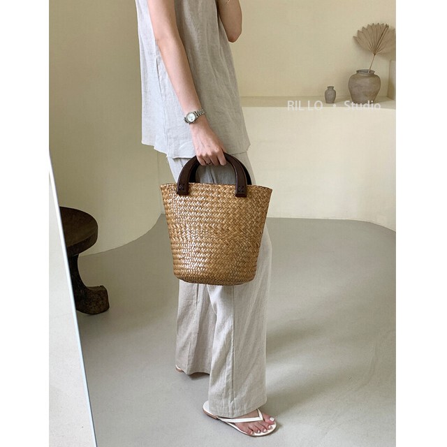 Thailand Imported Lilo's French-Style Retro Large-Capacity Woven Bag with Wooden Handle, Straw Woven Bag, Rattan Woven Handbag, Beach Bag for Women