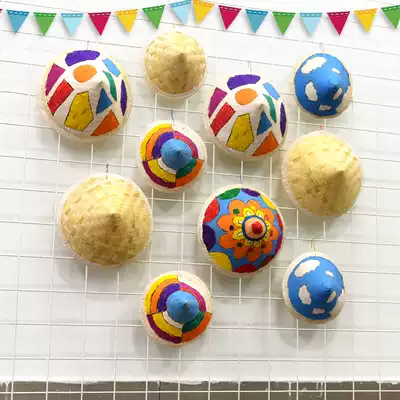 Small bamboo basket Bamboo curtain hat art wall corner decoration decoration materials Kindergarten handmade graffiti white embryo