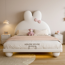 Childrens bed girl princess bed cream style princess bed cute rabbit solid wood leather bed cartoon splicing wooden bed