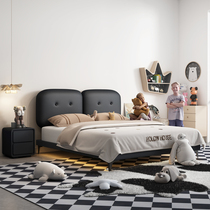Childrens bed boys light luxury modern simple cream style bedroom girls bed solid wood Internet celebrity black high-end leather bed