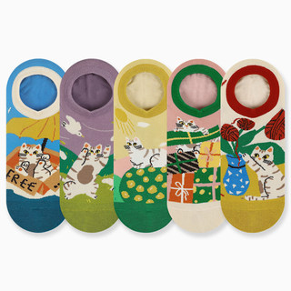 Cartoon Kitten Socks for Women, Summer Thin Style, Sweat-Absorbent, Breathable, Sporty, Creative, Unique, Cute, Retro Cat Boat Socks for Women