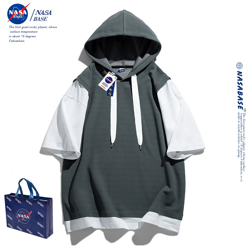 Nasa Co-Branded Hooded Short-Sleeved T-Shirt, Summer Trendy Waffle Patchwork Fake Two-Piece Loose Sports Top for Men