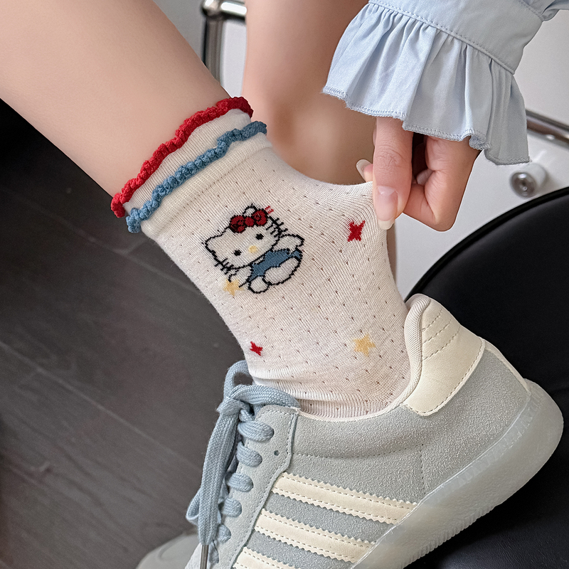 White Socks for Women, Spring and Autumn, Pure Cotton Mid-Calf Socks, Japanese Style, Cute Cartoon Kt Cat Long Socks, Mesh Thin Style, Slouch Socks