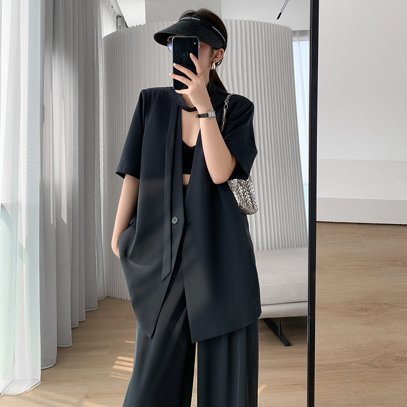 Thin Black Blazer for Women 2026 Summer New Style Fashionable Elegant High-End Slimming Wide-Leg Pants Suit