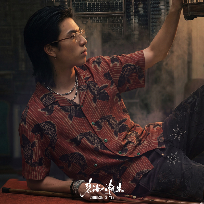 Blue Sea Ripples [Golden Carp/Red] Spring/Summer New Chinese Style Printed Lightweight Casual Short-Sleeve Floral Shirt