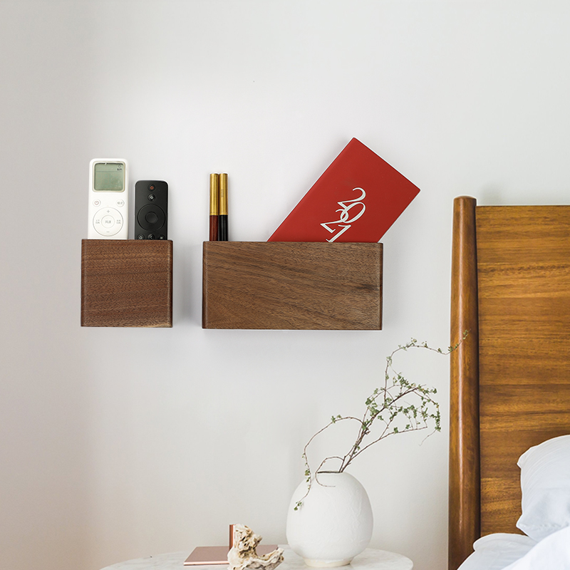 Day-style remote control headboard containing box log wall-mounted free-to-punch walnut wood remote control mobile phone solid wood shelve