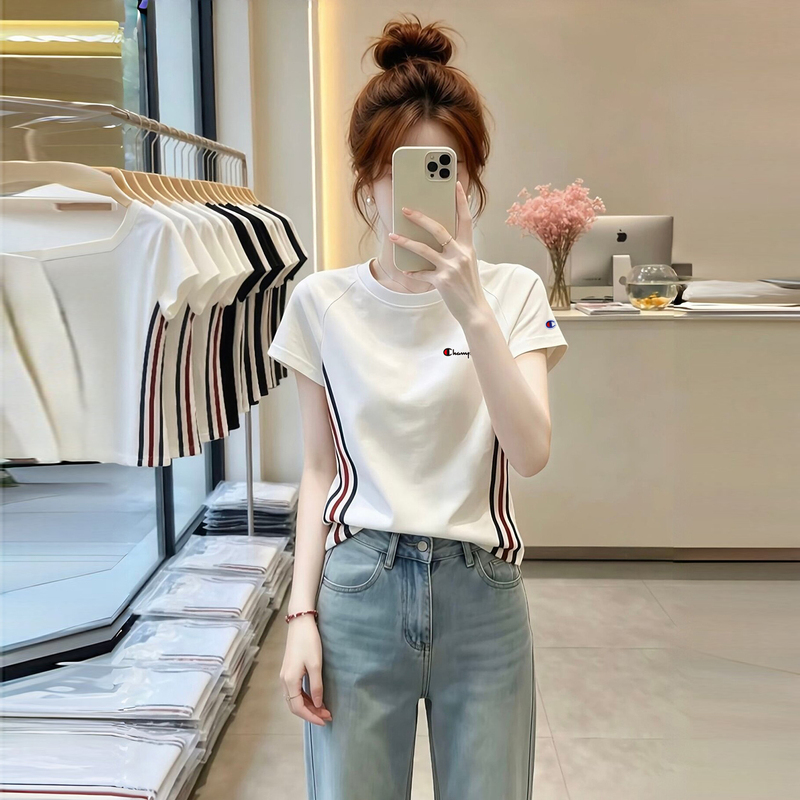 Japanese Style Champion Round Neck Short-Sleeve T-Shirt for Women, New Summer Versatile Loose Slimming White Striped Casual Top Japanese Style Champion Round Neck Short-Sleeve T-Shirt for Women, New Summer Versatile Loose Slimming White Striped Casual Top