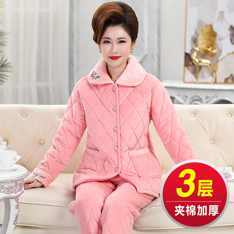 Middle-aged and elderly flannel ladies thickening and velvet warm shop cotton pajamas coral fleece mother home clothes suit winter