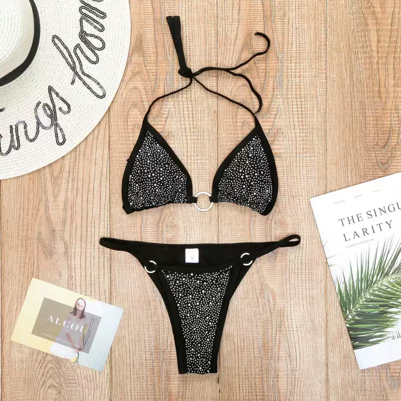 Âu Mỹ mới sexy bikini nạm kim cương áo tắm nữ áo tắm hai mảnh áo tắm hai mảnh thắt dây cổ Bikini - Bikinis