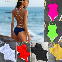 European and American New woven solid color big backless sexy one-piece swimsuit high waist cross strap one-piece swimsuit