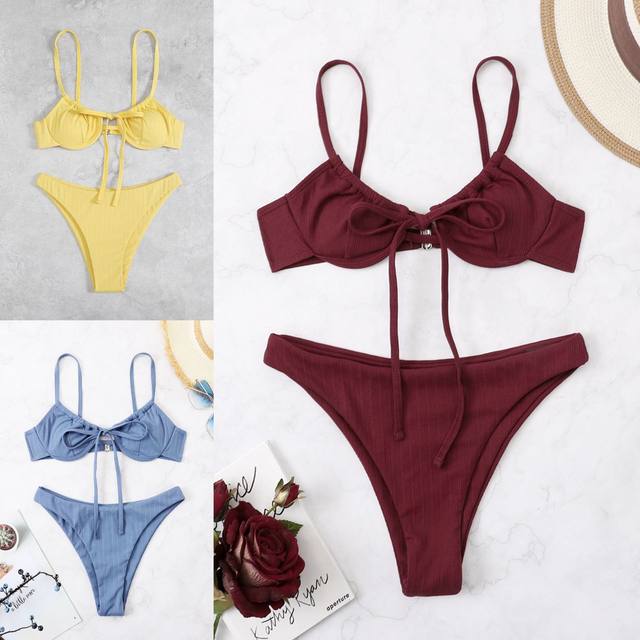 Underwire push-up bikini lace-up ແຂງສີແຍກຊຸດລອຍນ້ໍາເອີຣົບແລະອາເມລິກາເຕົ້ານົມຂະຫນາດນ້ອຍ swimwear ຮ້ອນພາກຮຽນ spring ຮ້ອນ bikini ສາວຮ້ອນ