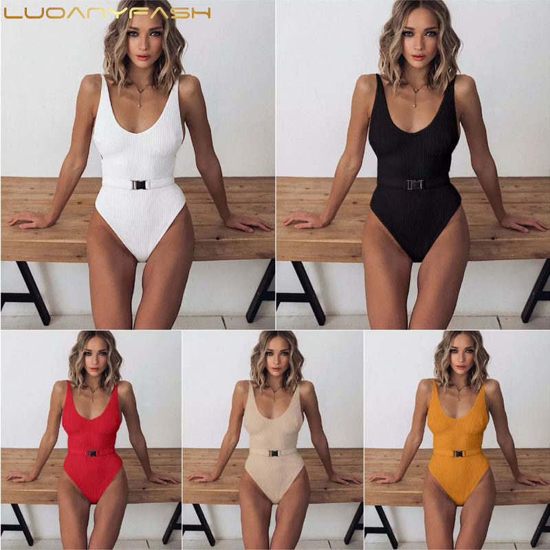 2019 women's one-piece swimsuit Europe and the United States solid color special cloth belt buckle one-piece bikini vacation one-piece swimsuit