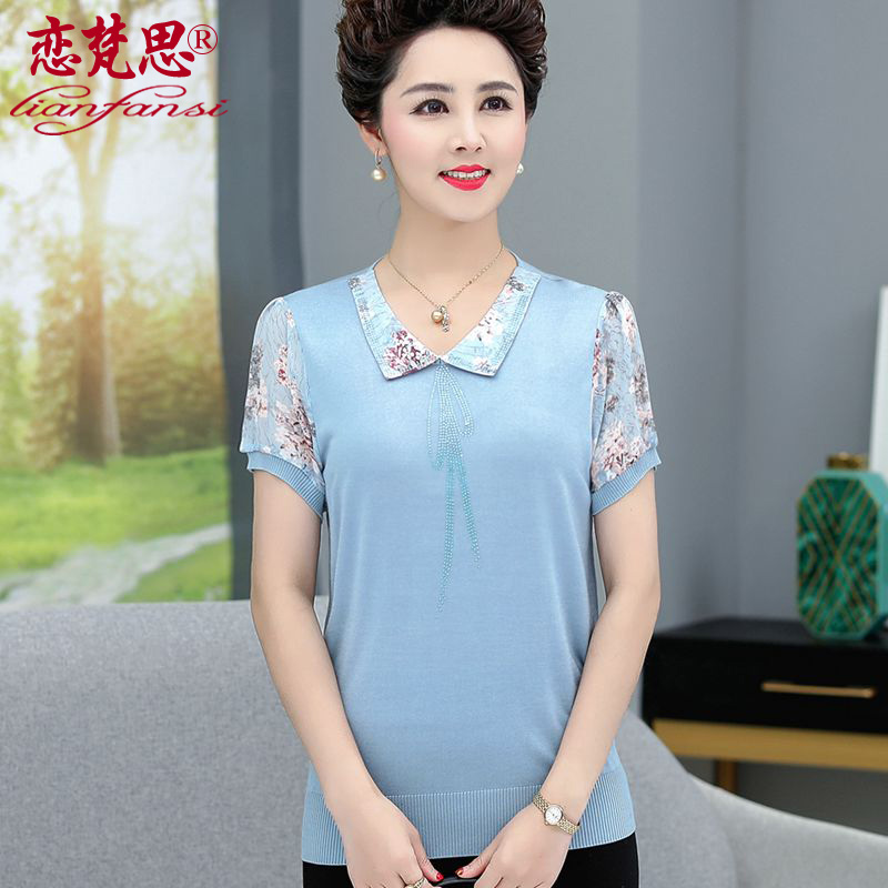 Mom short sleeve t-shirt woman turn in fashion middle age summer dress yarn sleeveless sweatshirt 50 years old age loose large size blouse