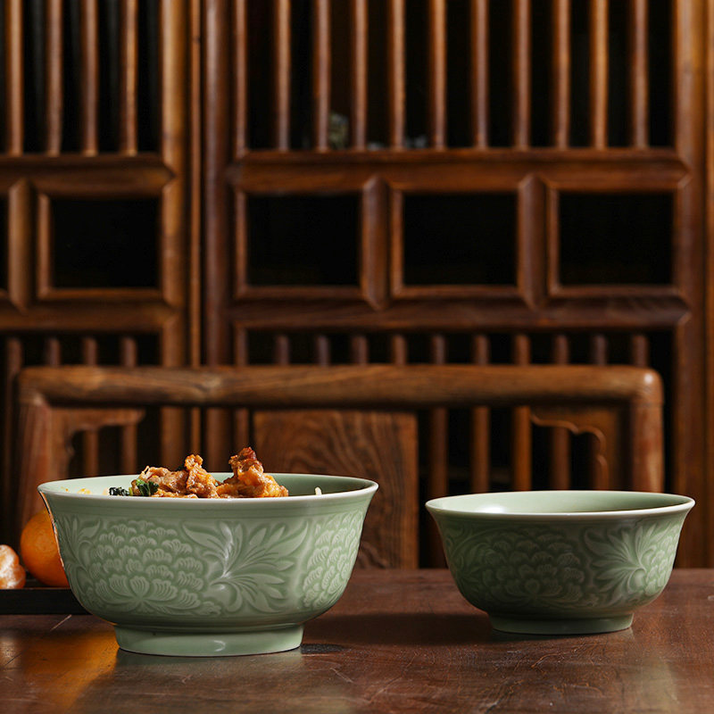 Guanfu Museum Yaozhou Kiln Celadon household noodle bowl Chinese tableware Large soup bowl Retro style rice bowl gift box