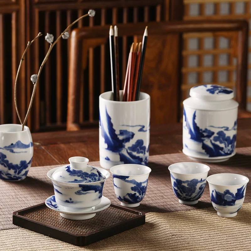 Sansui, blue and white museum, set, pens holder, hand painting, style