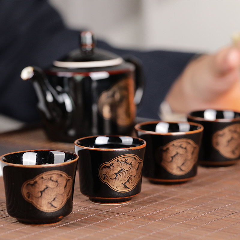 Restoring museum wave grain household utensils suit Chinese jingdezhen ceramics daily teapot sample tea cup