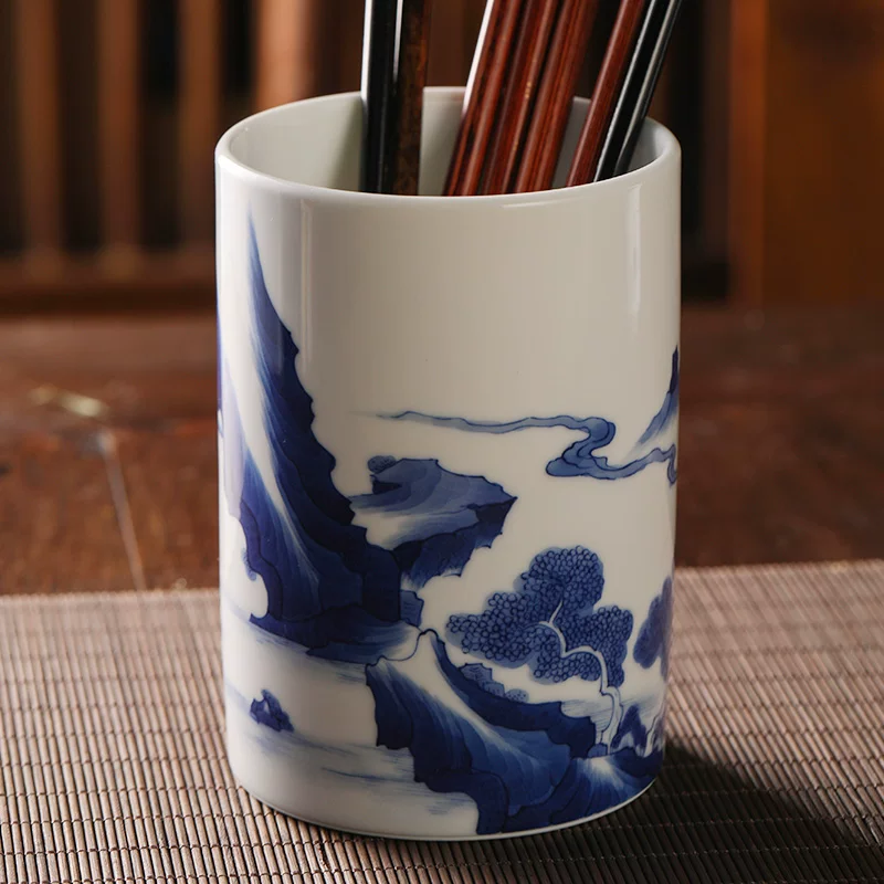 Sansui, blue and white museum, set, pens holder, hand painting, style