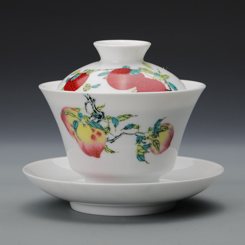 Guanfu Museum Sanduo Decoration Cover Bowl Set Three-cai cover bowl Kung Fu Tea set Chinese Auspicious pattern tea set set