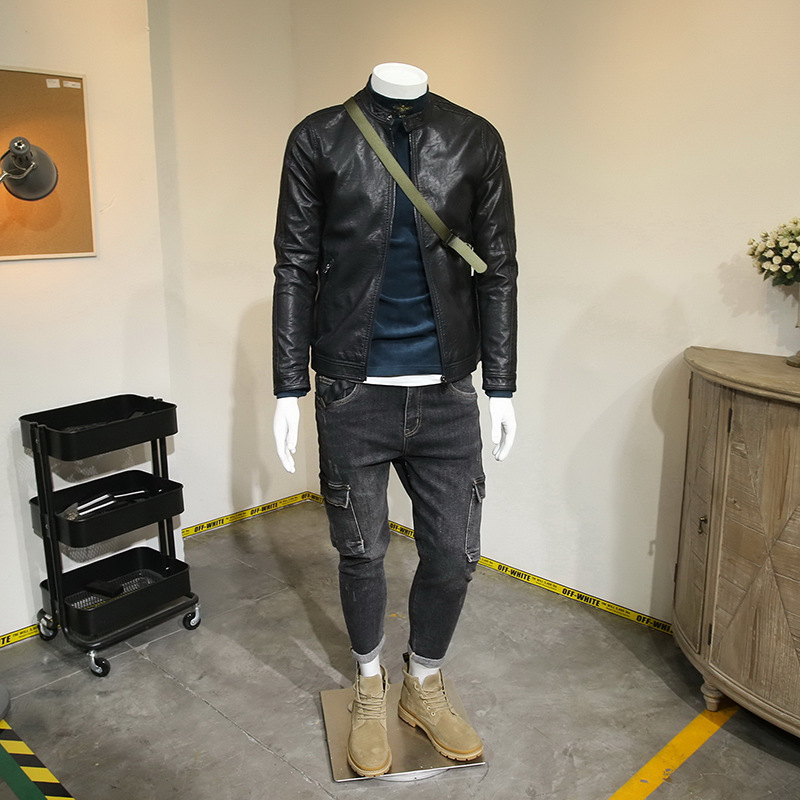 American motorcycle men's leather jacket men's trendy leather clothes slim Korean jacket leather jacket men thickened handsome motorcycle suit