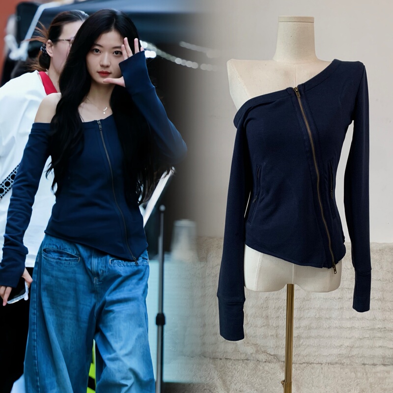 Early Spring Sunny Weather, Sun Qian's Same Style, Hot Girl Blue Off-Shoulder Zipper Hooded Long-Sleeve Top, Slim Fit Sweatshirt Early Spring Sunny Weather, Sun Qian's Same Style, Hot Girl Blue Off-Shoulder Zipper Hooded Long-Sleeve Top, Slim Fit Sweatshirt