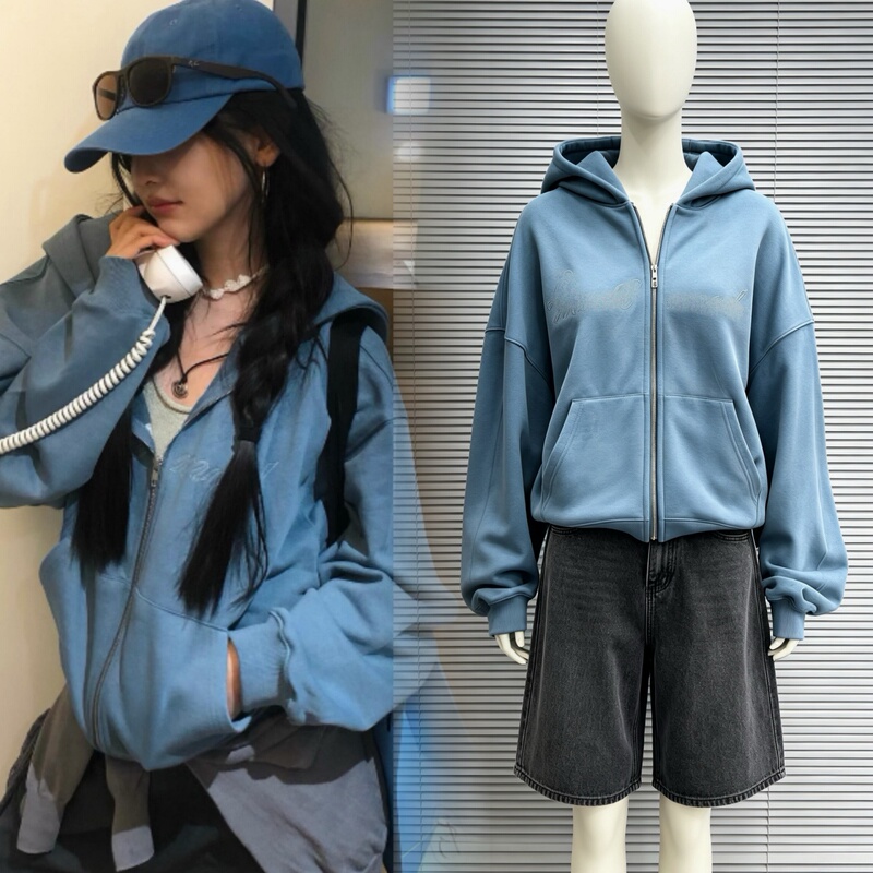 Zhang Ruonan's Same Style Korean-Style Blue Hooded Zip-Up Sweatshirt, Autumn Casual Slim-Fit Versatile Jacket for Women Zhang Ruonan's Same Style Korean-Style Blue Hooded Zip-Up Sweatshirt, Autumn Casual Slim-Fit Versatile Jacket for Women
