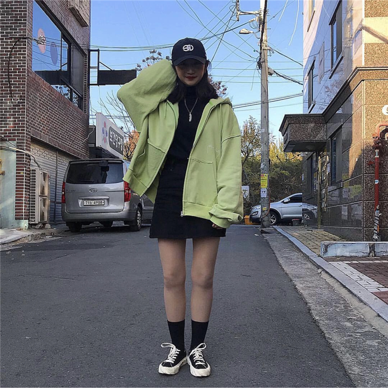 2022 spring and summer new Korean fruit green cotton terry sweater zipper jacket female students loose college trend