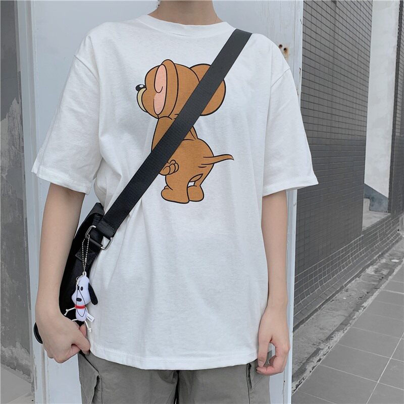 2023 Summer new South Korea Jerry little mouse cartoon printed loose pure cotton short sleeve T-shirt schoolgirl 