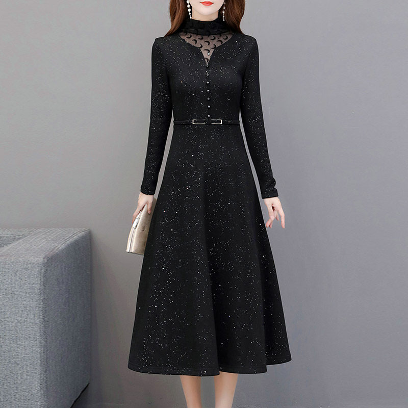 Black bright crystal dress with women 2022 spring new Guilady high end elegant high neckline cashew with large dress and long dress
