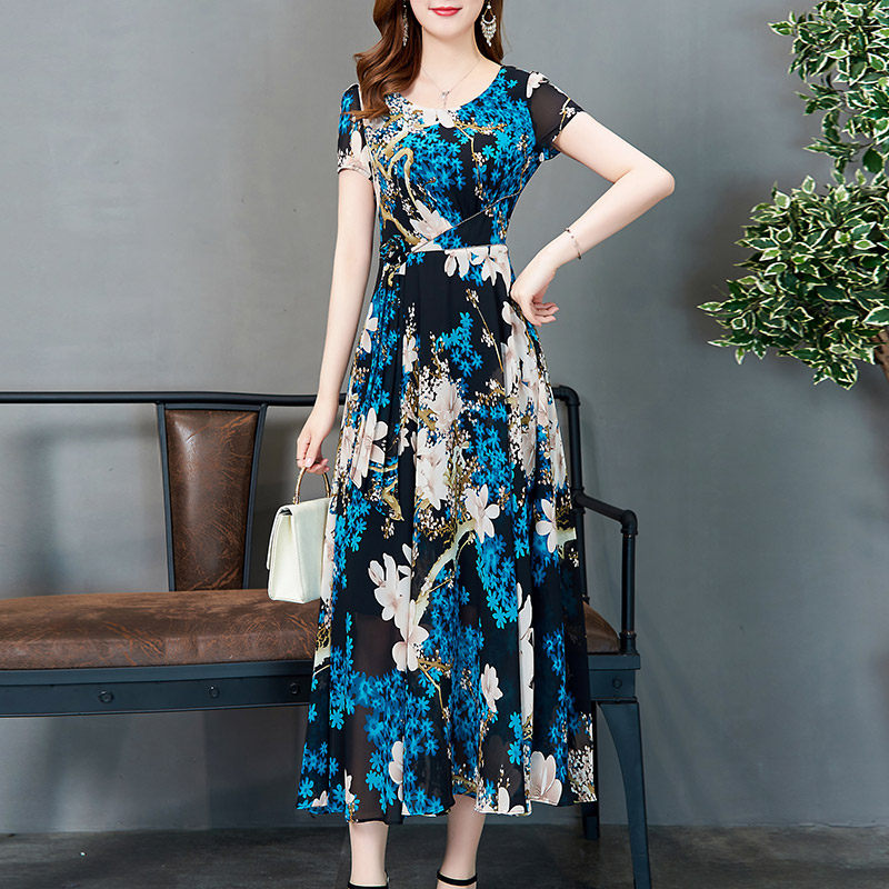 Summer long dress Snowspinning 2022 new Temperament High-end Middle Aged Mother Foreign Dress Women's Summer Retro and Aging Skirts