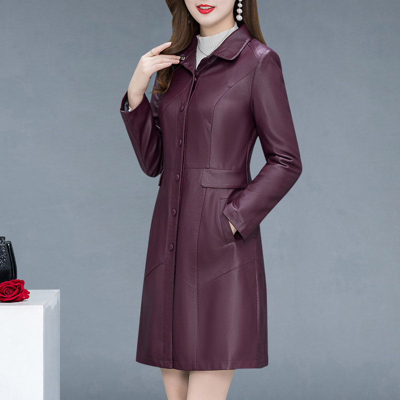 Pied-up woman medium long version 2022 Early spring New trends in old age Mom dress Large size PU leather upwind jacket