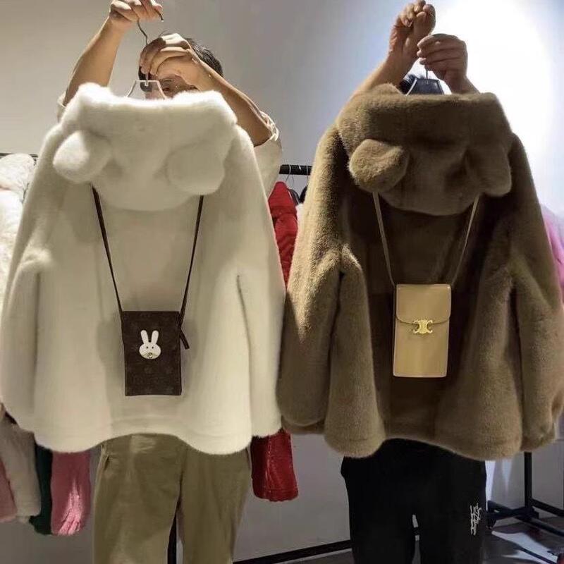 Eco-Friendly Golden Mink Fur Cute Bear Ears Big White Bear Plush Coat Hooded Mink Fur Coat for Women New Style