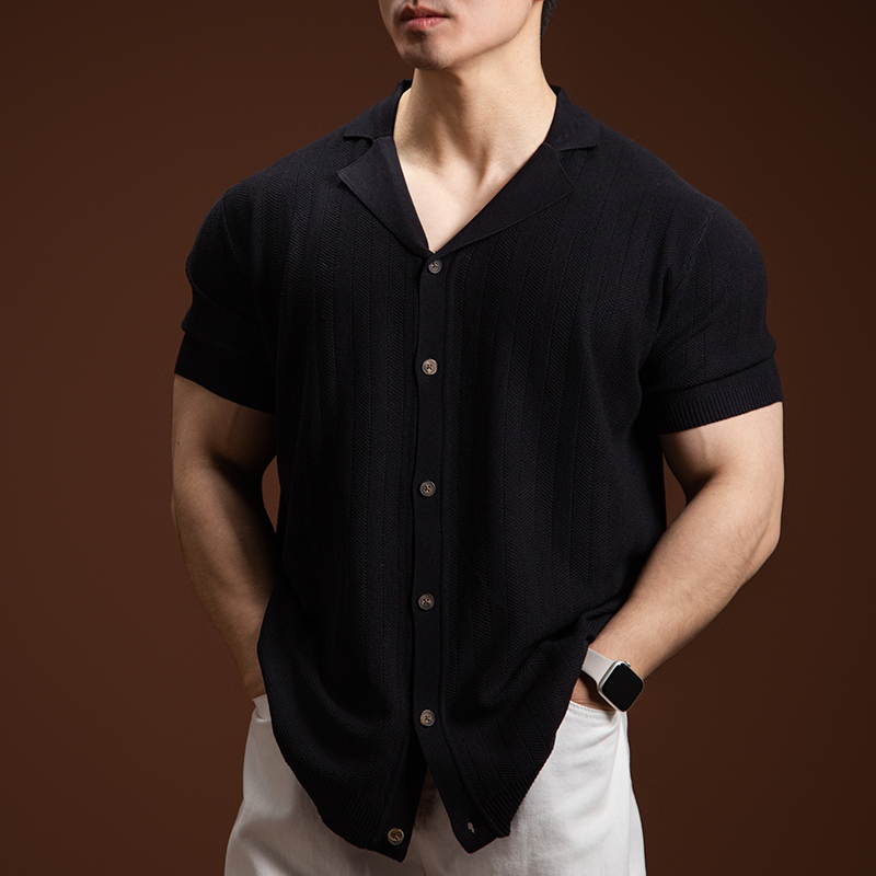 Barbro New Men's Shirt Japanese Style Men's Short-Sleeved Shirt Japanese Style Summer Breathable Lapel Button Muscle Man