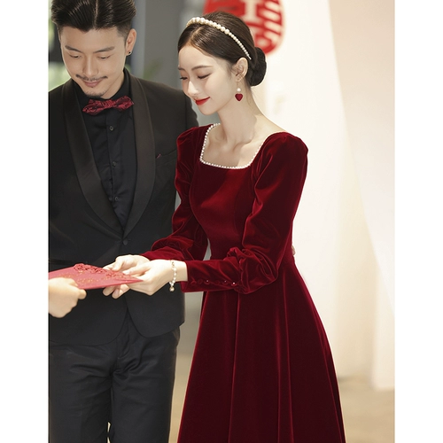 Бархатное красное вечернее коктейльное платье, свадебное платье, лонгслив, изысканный стиль