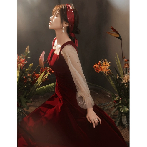 Вечернее платье, бордовый бархатный лонгслив, свадебное платье, изысканный стиль, французский стиль, подходит для подростков