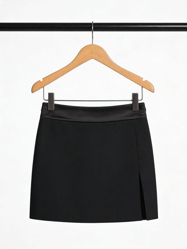 Authentic Black High-Waisted Straight-Leg Shorts with Side Zipper and Small Slit, Street Style Hot Girl Pants Mbd2Sotk03
