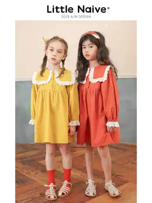 LitteNaive girls long-sleeved dress 2021 spring and Autumn new cotton doll collar French long skirt