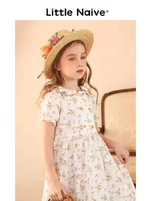 LitteNaive girls White retro Floral dress summer 2021 new children's pure cotton A-line skirt