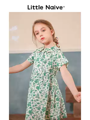 LittleNaive Little naive 2021 summer children lapel green skirt girls Floral dress