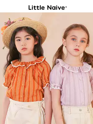 LittleNaive little girl shirt Girls short-sleeved summer lapel striped shirt children's spring new