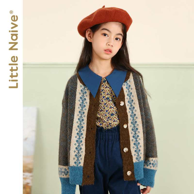 little-naive spring dress new girl cardiovert sweater retro children knit cardio-knitted cardiovert