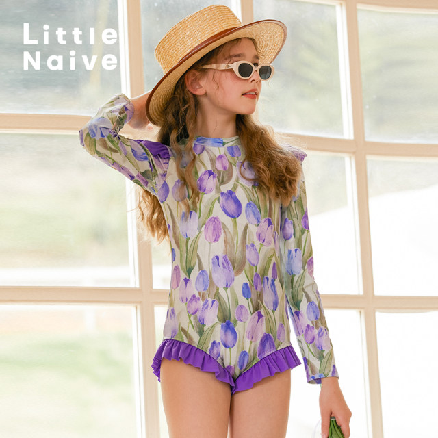 LittleNaive summer girls one-piece swimsuit long-sleeved floral medium and large children's sun protection ชุด swimsuit ເດັກຍິງເດັກນ້ອຍ